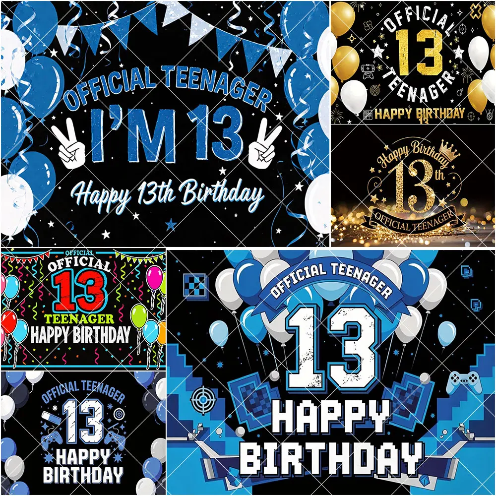 

Happy 13th Birthday Party Decoration Banner Blue Pink Black Balloon Photography Background For Baby Shower Teen Birthday Gift