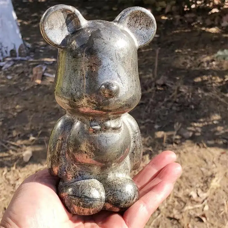 15CM Natural Pyrite Cartoon Bear Carving Animal Statue Quartz Healing Energy Gemstone Crafts For Christmas Gift 1pcs