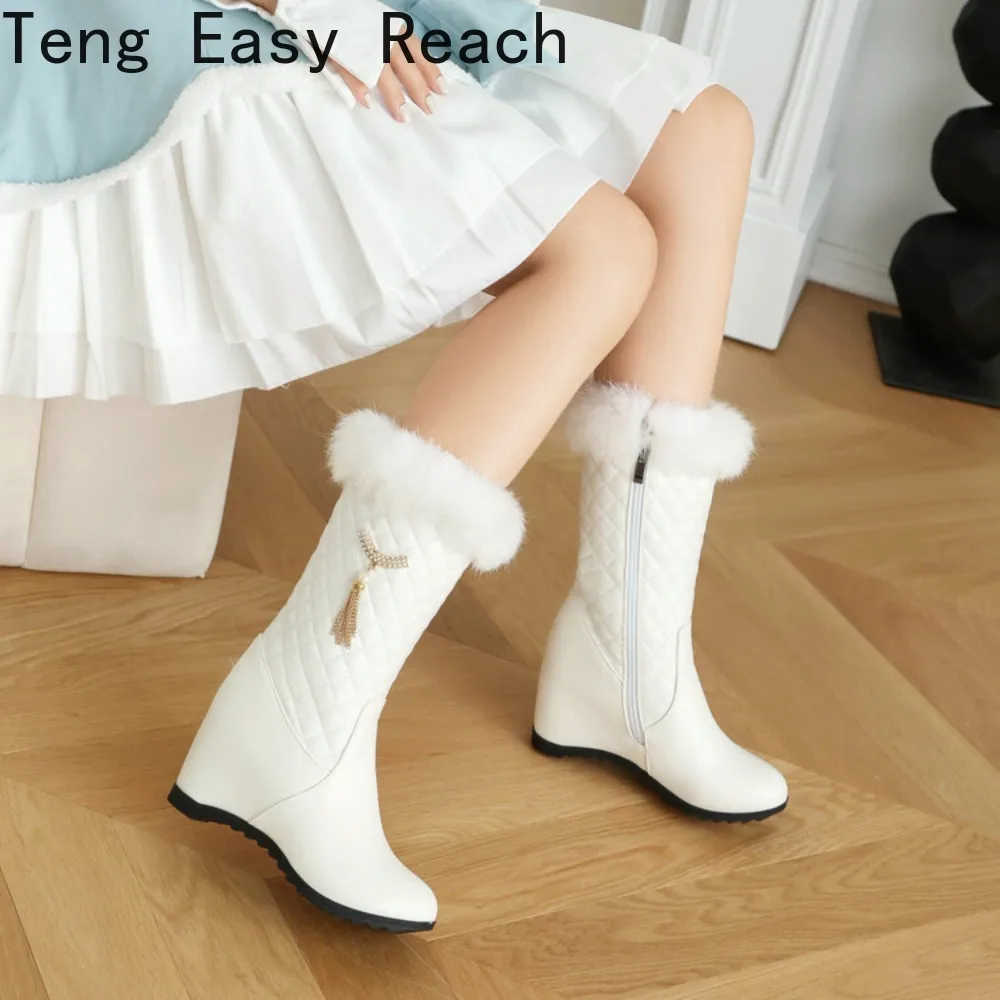 Winter Women's Snow Boots Fashion Warm Plush Mid-Calf Boots Ladies Round Toe Zipper Slope Heel Snow Boots Black White Size 33-43
