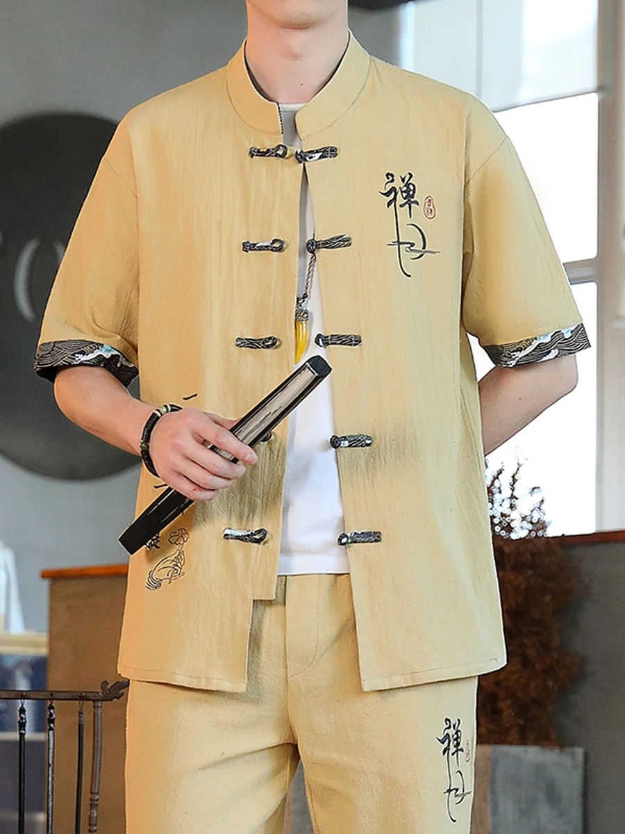 

Летний мужской костюм-двойка в стиле тан с воротником-стойкой, из хлопка, с геометрическим узором и вышивкой, не требующий глажки