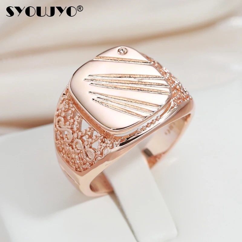 SYOUJYO 585 Gold Color Glossy Big Size Rings For Men Openwork Chevron Daily Easy Matching Trendy Jewelry