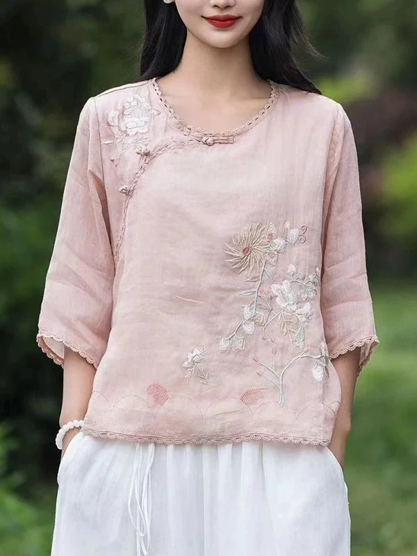 

Новинка лета 20%, женский свободный топ из хлопка и льна с вышивкой для тяжелой промышленности, китайский дзен-сла с косыми клапанами и пуговицами