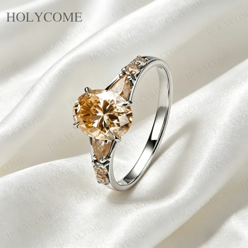 925 Sterling Silber 18K Vergoldeter Ring Moissanit Oval/Perlenförmig/Rund Geschliffen D-Farbe/Champagner VVS1 Jubiläumsgeschenk Feiner Schmuck für Sie – Detail 8