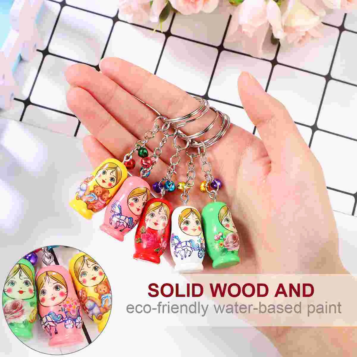 NUOLUX 12Pcs Creative Key Chains Wood Matryoshka Russian Dolls Key Rings Key Holders (Random Style) wooden keychain