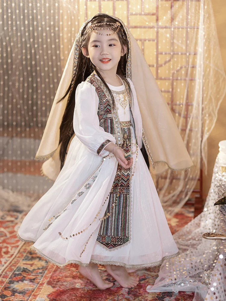 

Шелковый дорожный жемчужный китайский костюм Хан для девочек, весенне-летний весенне-летний экзотический ветер, детское платье феи в этническом стиле