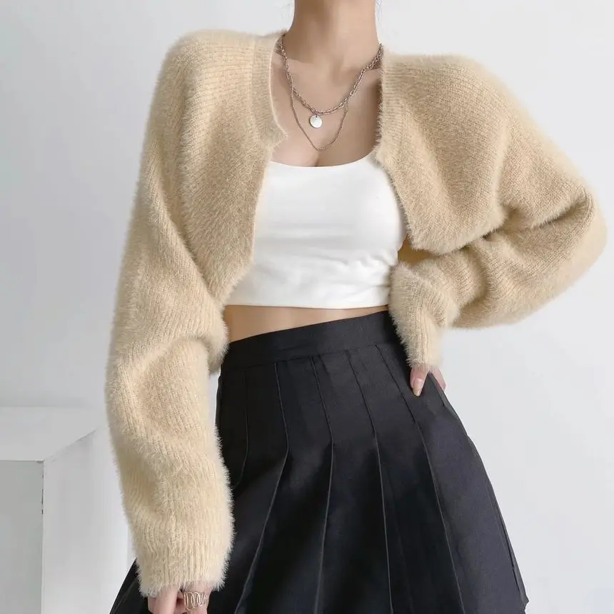 Fuzzy Bolero Shrug for Women Mohair Knit Long Sleeve Open Front Plain Cropped Cardigan Sweater Teen-girl Y2K 90s Outfit