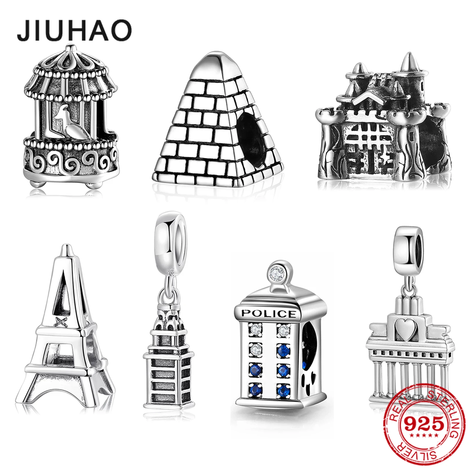 JIUHAO 100% 925 Sterling Silver Building Series Castle Tower Police Station Charms for Original Bracelet Making Fine Jewerly