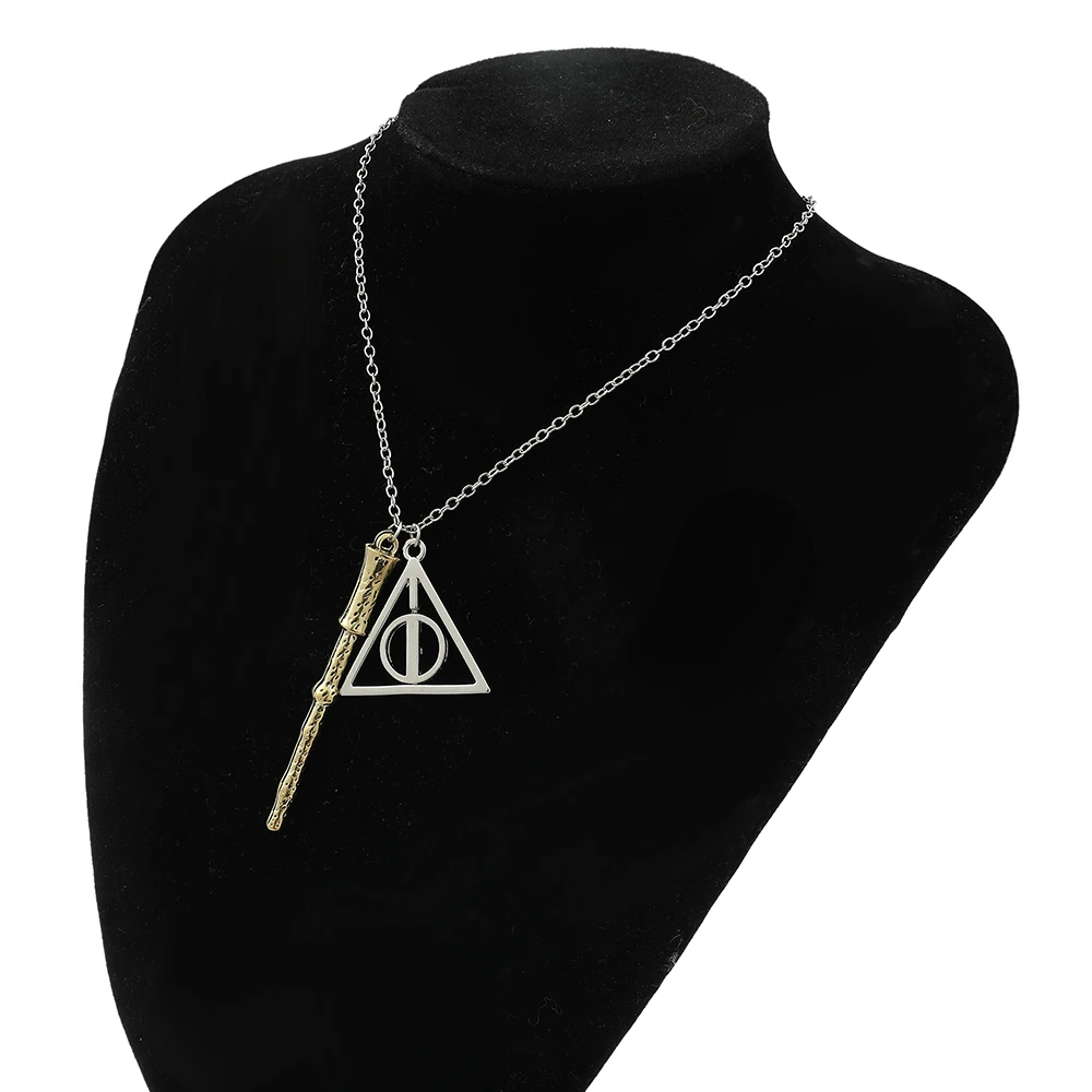 Deathly Hallows Triangle & Magic Wand Necklace - Vintage Creative Movie Character Pendant Accessory for Friends Gift view 2