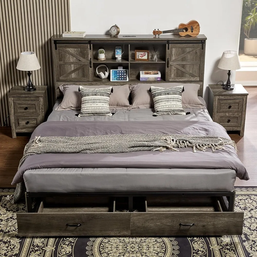 King Size Bed Frame, Wooden Platform Storage Beds with 51.2" Bookcase Headboard, 2 Drawers, Charging Station/Bed Frame