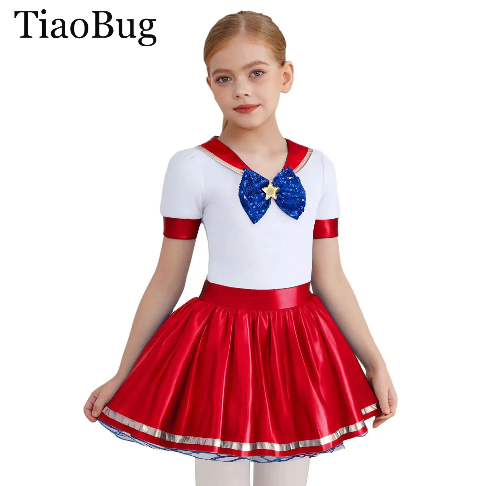 

Girl Halloween Sailor Cosplay Costume Metallic Shiny Ballet Dance Leotard Tutu Dress Crew Neck Short Sleeve Puffy Dress +Bow Tie