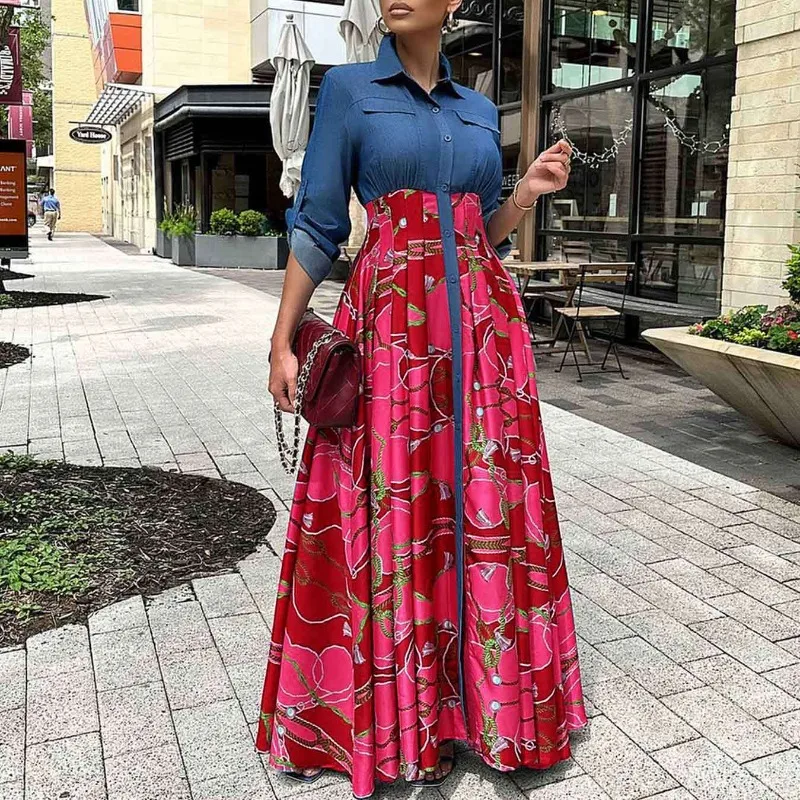 

Women's Casual Denim Patchwork Printed Long Dress Temperament Commuting Autumn & Winter Female Fashion High Waist A-line Dresses