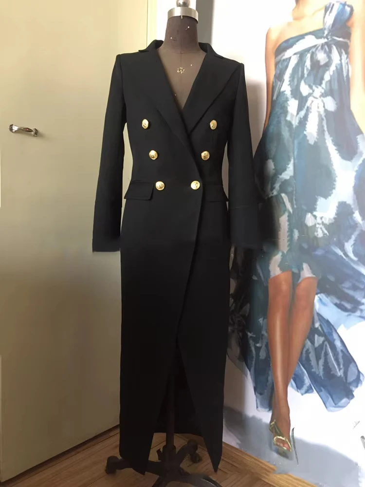 YERMORA czarny dwurzędowy zamek błyskawiczny na plecach długa marynarka na co dzień dla kobiet z klapami luźna nowa kurtka moda fala wiosna jesień 2025