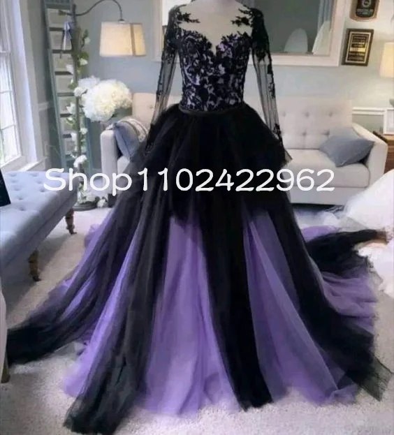 שחור גותי גותי גותי tutu שמלות כלה עם שרוול האשליה תלוי תחרה חרוזים laddal הקתדרלה רכבת התאמה אישית