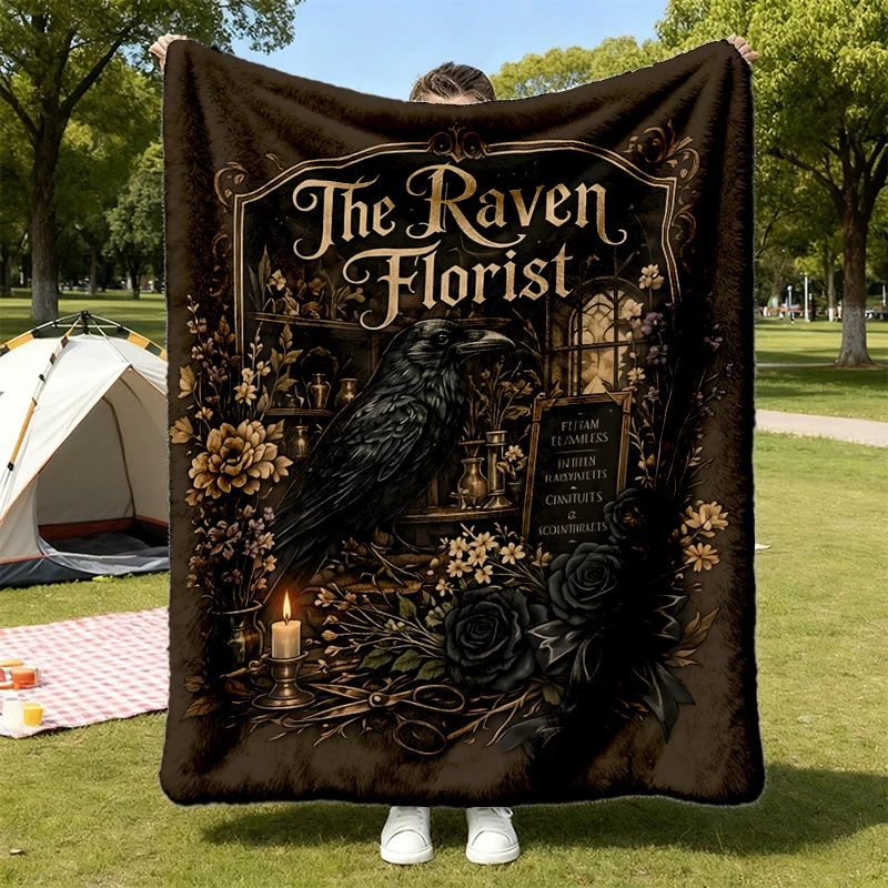 Raven Florist Flannel Throw, Comfort Colors Halloween Cozy Blanket, Gothic Raven Floral Warm Blanket, Dark Cottagecore S
