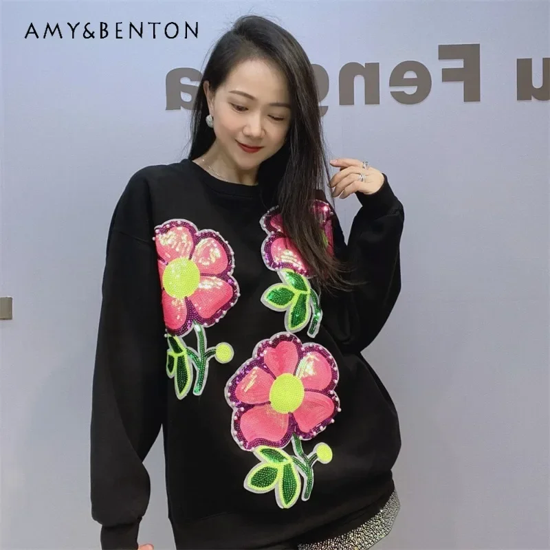 

Black Crew Neck Sweatshirts Tees Pullovers New Unique Chic Sequined Flower Design Niche Oversized Top Sudadera Streetwear Women