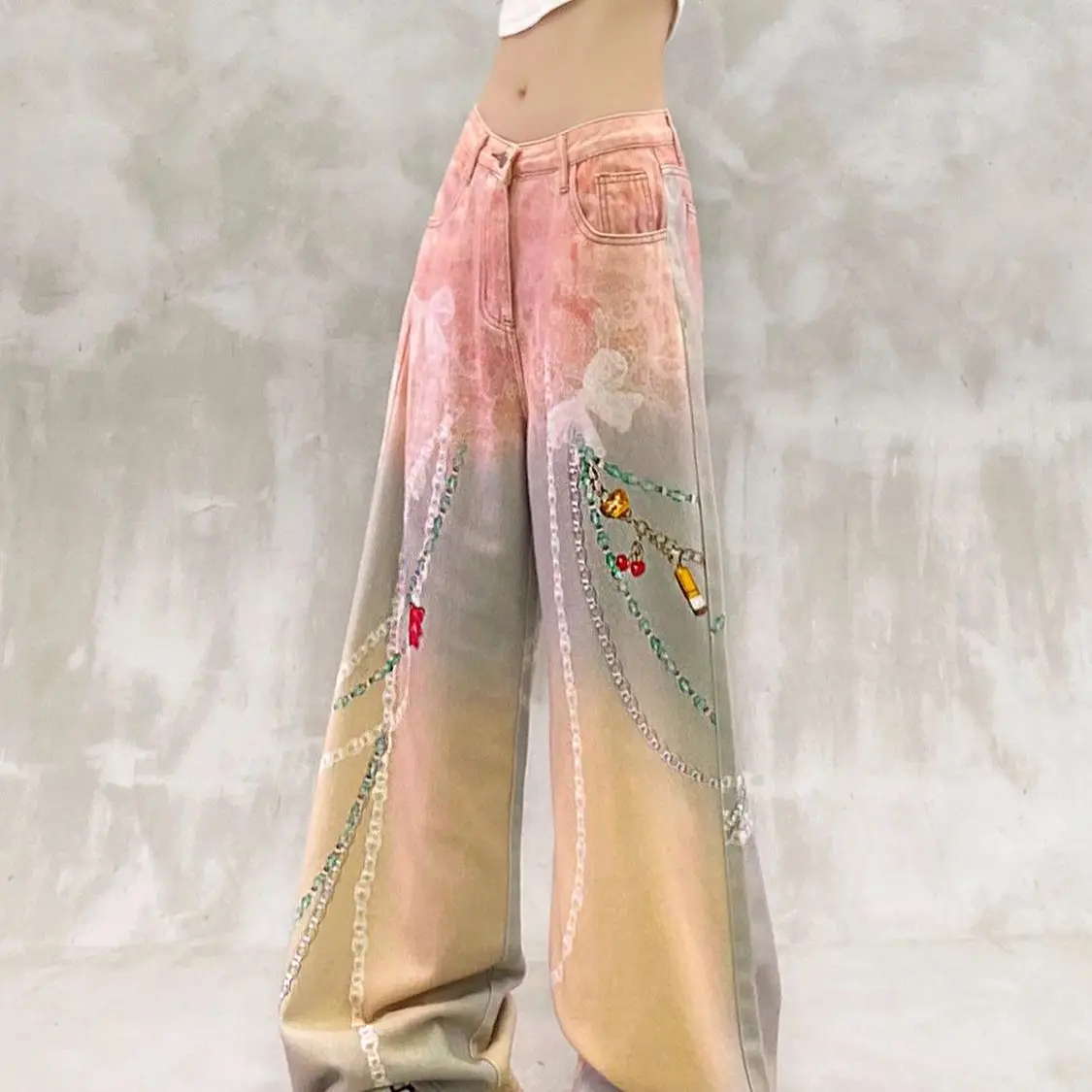 Large size American personalized color printed jeans women's autumn new Spice Girl loose wide-leg mopping pants