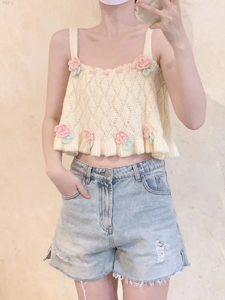 Colete de malha kawaii feminino, japonês, fofo, elegante, cinta, tops de alças, feminino, coreano, casual, princesa, Y2K, doce, verão, 2024