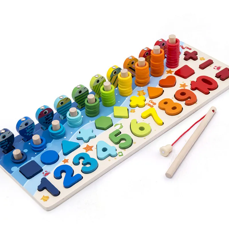 Montessori Math Toys For Toddlers Educational Wooden Puzzle Fishing Toys Count Number Shape Matching Sorter Games Board Toy