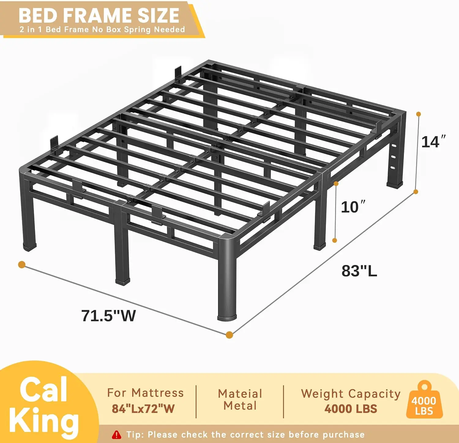 King Size 14 Inch 2-in-1 Double Layer Heavy Duty Metal Platform Bed Frame, Holds Up to 4000 Lbs, Noise Free Base with Round Corner Legs, 6 Anti-Slip Mattress Stoppers, Reserved Headboard Holes, 10 Inc image 2