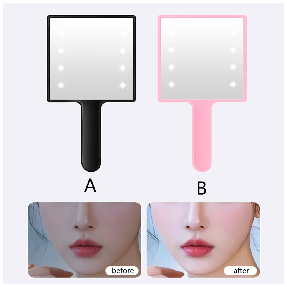 Led Smart Pearl Diamond Handle Makeup Mirror Cosmetic Beauty Tools Pink Silver Black Heart Glitter Mirror Cat Handheld Mirrors