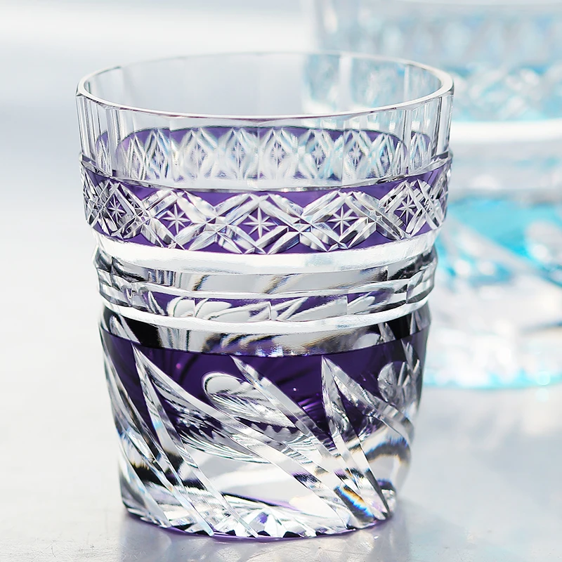 Japanese Edo Kiriko Blue Green Glass Tumbler for Dinner Parties Bars 9oz Crysatal Wine Whiskey Glass Beverage Cup Gift Packing