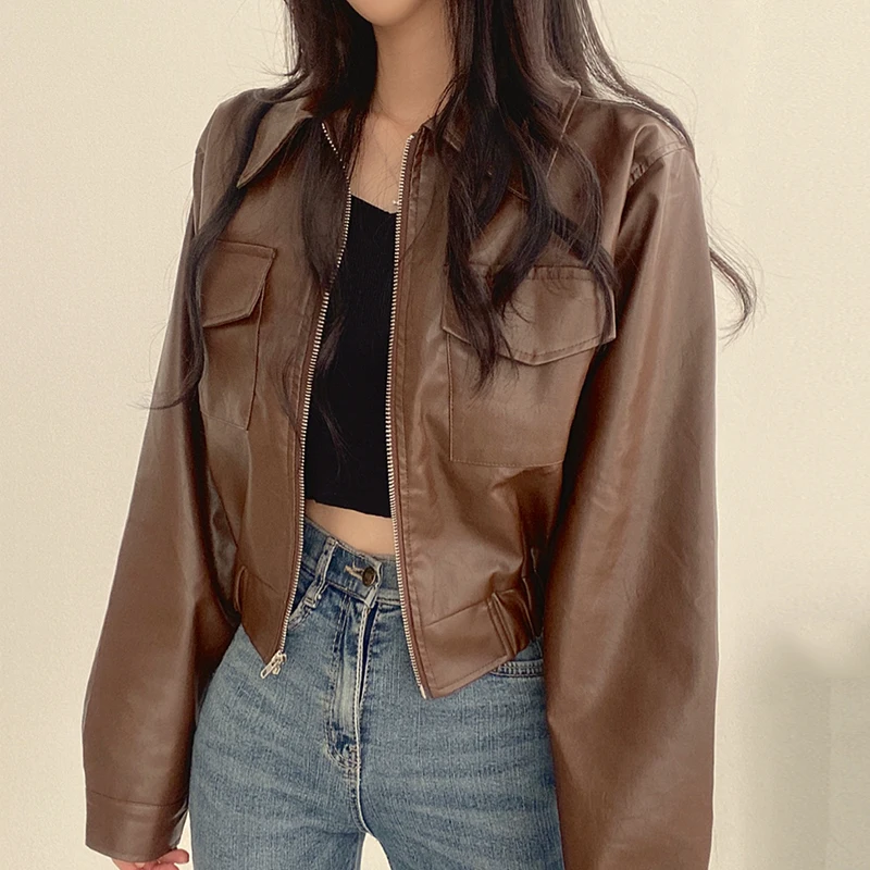 جاكيت جلدي قصير أنيق للنساء، تصميم عصري لفصل الخريف مع سحاب، أكمام طويلة، ياقة عالية، جيبان، جاكيت راكبي الدراجات النارية الأنيق