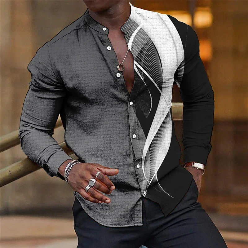 Camisa para Hombre con Cuello Mao, Estilo Casual, Azul y Morado, Geométrica, para Exteriores, Fiestas, Tela de Alta Calidad, Nueva Colección 2023, Tallas Grandes