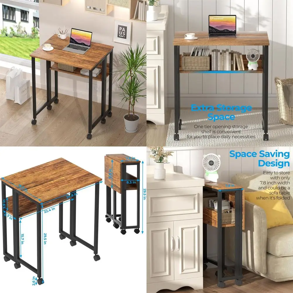 

Компактный стол на колесиках с полкой для хранения, складной компьютерный стол 24,8 для небольших помещений, простая сборка, орех