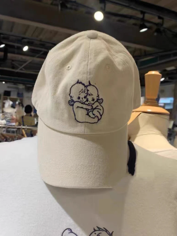 Vintage Angel Embroidery Baseball Cap Women Four Season Beige Cotton Sunscreen Hat Femme Harajuku Casual Cute Graphic Hats 2023