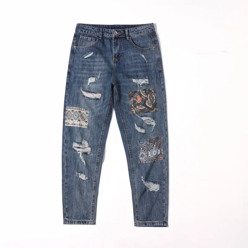 

Mens street beggar pants broken hole patch men's jeans designer Korean version of the fashion small straight jeans