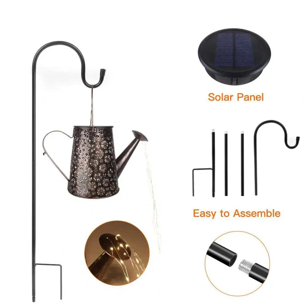 Wrought Iron Kettle Shape Lamp Solar Powered Metal Watering Lantern with Led String Lights for Outdoor for Yard for Outdoor