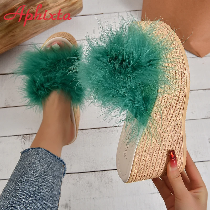 Aphixta Furry Green Wedge Platform Slides Women\'s Shoes 9cm Slippers Flip Flops Heels Shoes Beach Sandals Plus Size 43