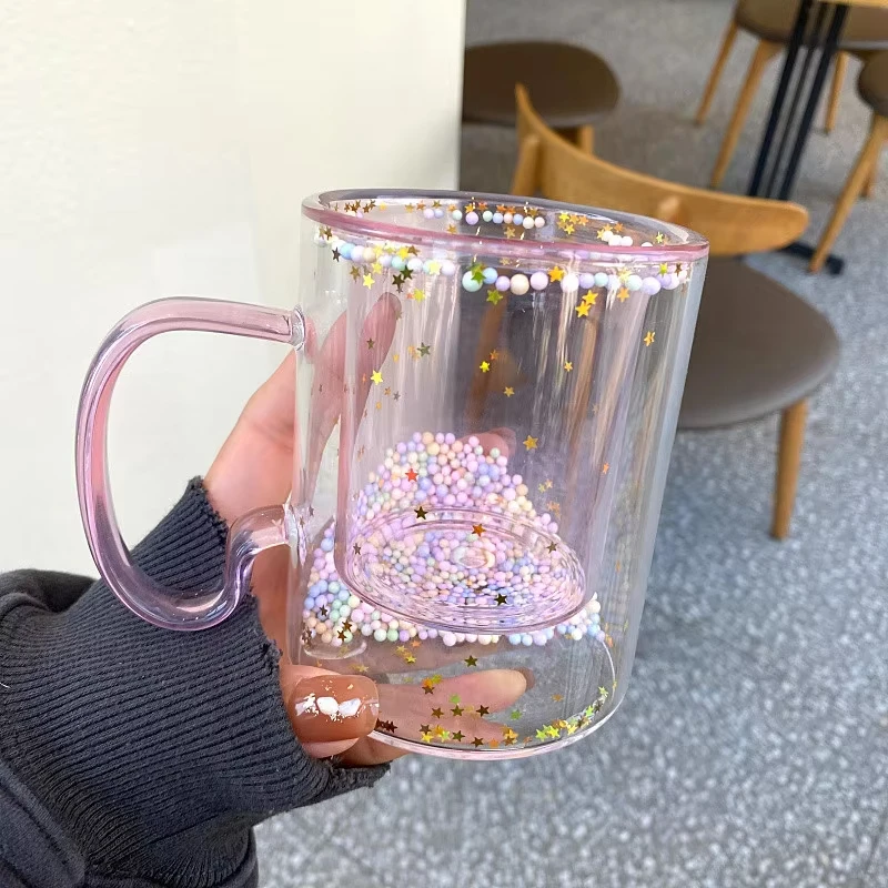 

Heat Resistant Girl Heart Quicksand Double Glass Mug with Anti-Scald Handle Sparkling Bubble Ball Couple Gift Small