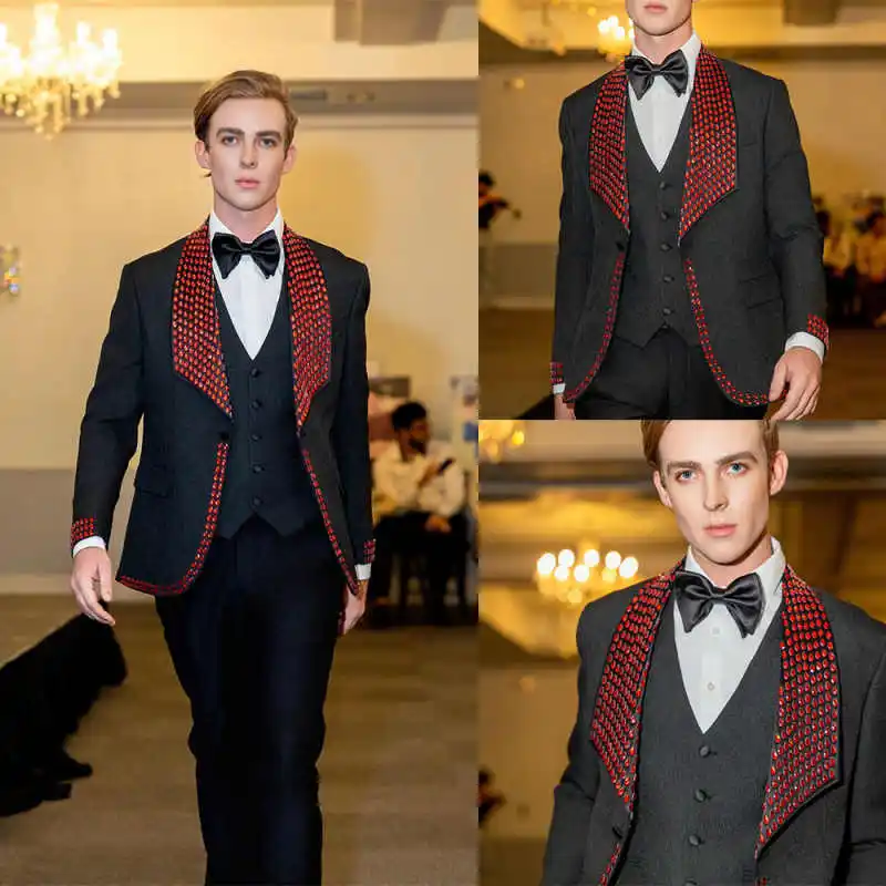 Vintage Rhinestone Men Suits For Wedding Shawl Lapel Tuxedos Groom Party 3 Pcs Blazer Pants Vest Party Customized Suit