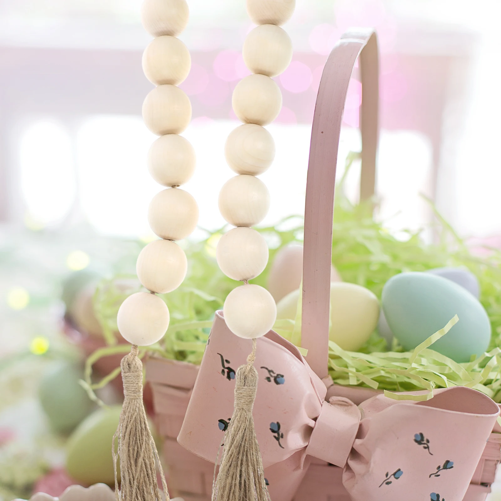 

Wood Bead Garland Tassel Farmhouse Rustic Hanging Beaded Ornament Easter Decoration Tiered Tray Beaded Garland