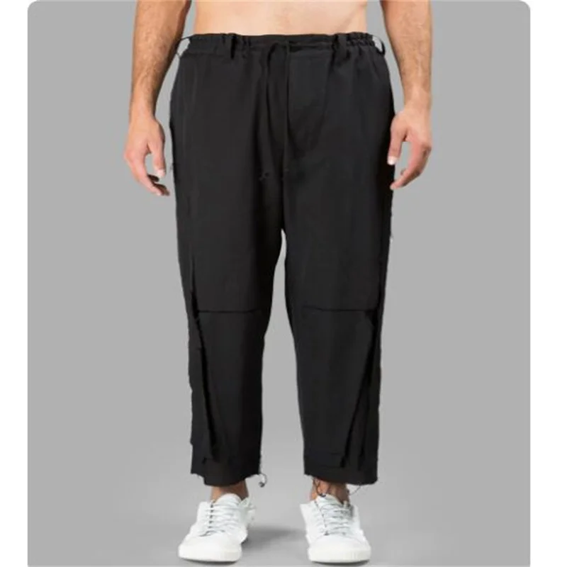 Black irregular fringed nine-inch pants, anti-wrinkle multi-layer deconstructed loose dark Japanese-style long pants for men