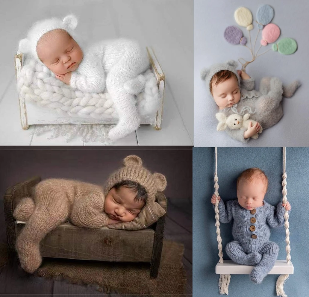 2pcs/set Newborn Photography Props Baby Costume Romper Jumpsuit Crochet Hat Wool Baby Boy Girl Outfit Baby Animal Photo Prop