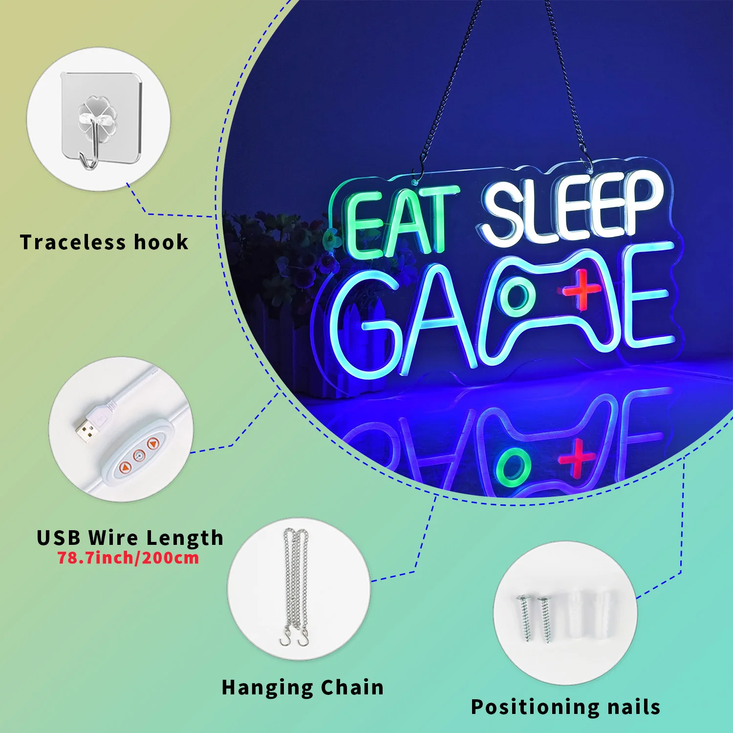 يتميز ضوء النيون في غرفة الألعاب بتصميم رائع وحيوي، مثالي لتزيين إعدادات الألعاب أو المناطق الترفيهية. فكرة