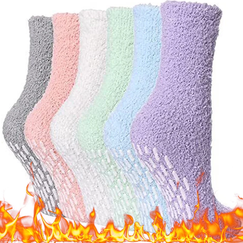 

Harajuku Autumn Winter Women's Anti-slip Socks Thickened Thermal Coral Fleece Floor Socks Soft Candy Colorful Socks Long Socks