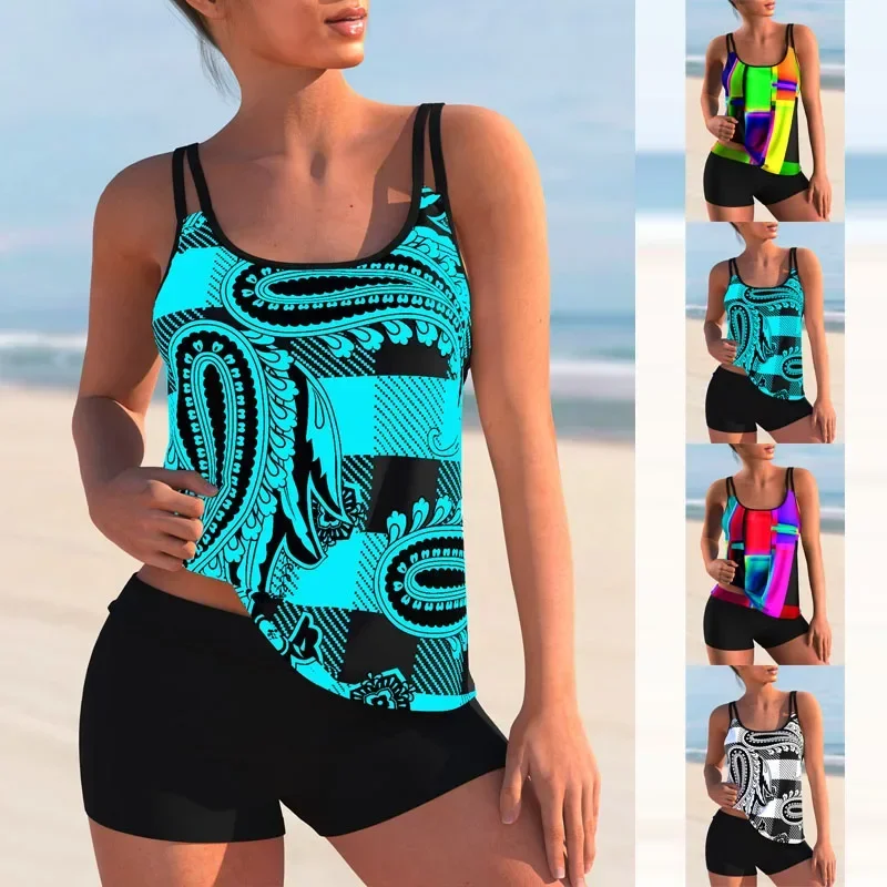 High Quality Summer New Women's Light Blue Graffiti Print Two-piece Fashion Sexy Vacation Beach Swimsuit S-5XL