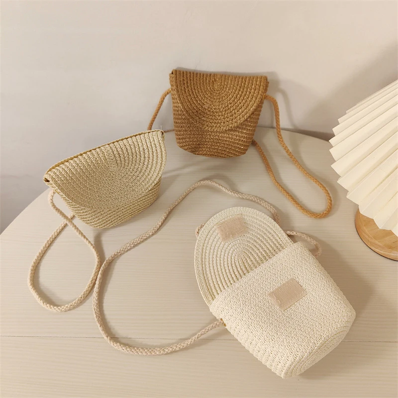 Woven Straw Bag Handmade Rattan Crossbody Handbags Knit Summer Beach Small Coin Purse USB Wired Headset Mini Bag Key Bag