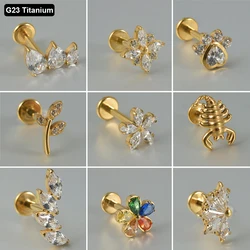 1PC G23 Solid Titanium Internally Threaded Zircon Flower Helix Ear Tragus Cartilage Earrings Cz Labret Piercing Lip Jewelry