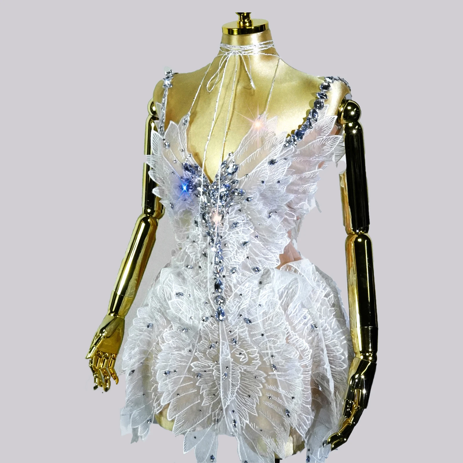 

Sexy White Rhinestones Lace-up Short Dress See Through Birthday Party Celebrate Performance Evening Stage Show Showgirl Outfits