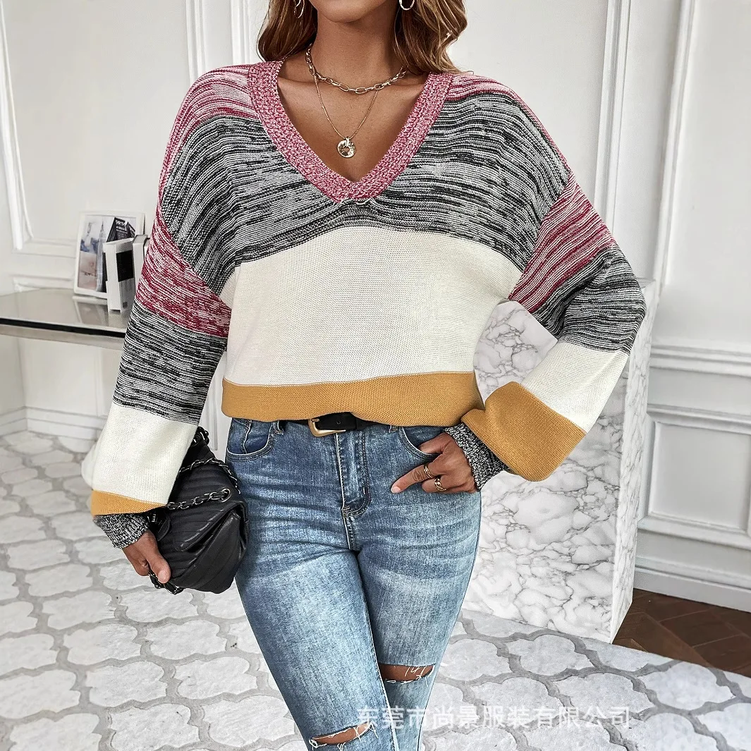 女性のためのカラーブロック付きの新しい秋冬Vネックルーズフィットセーター