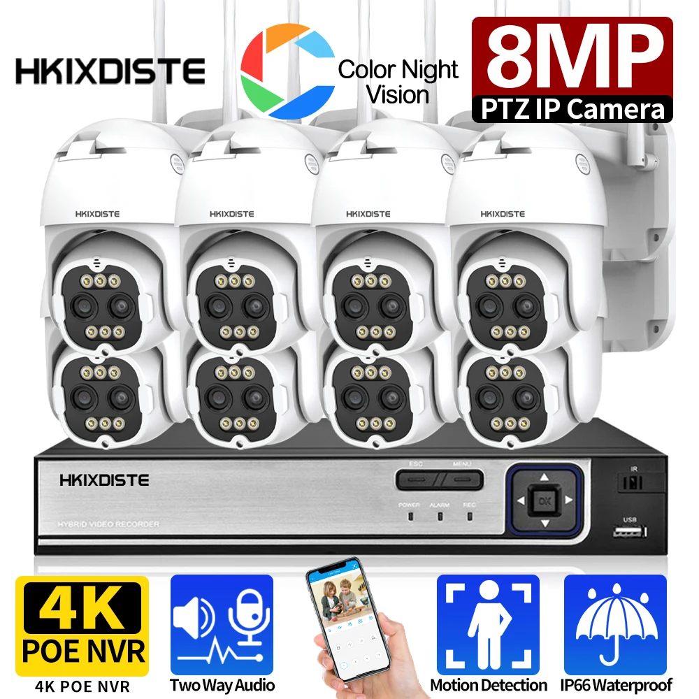 

8X Zoom 4K Wifi PTZ IP Camera with 8CH 8MP POE NVR System Color Night Vision 2 Way Audio CCTV Security Surveillance Camera Kit