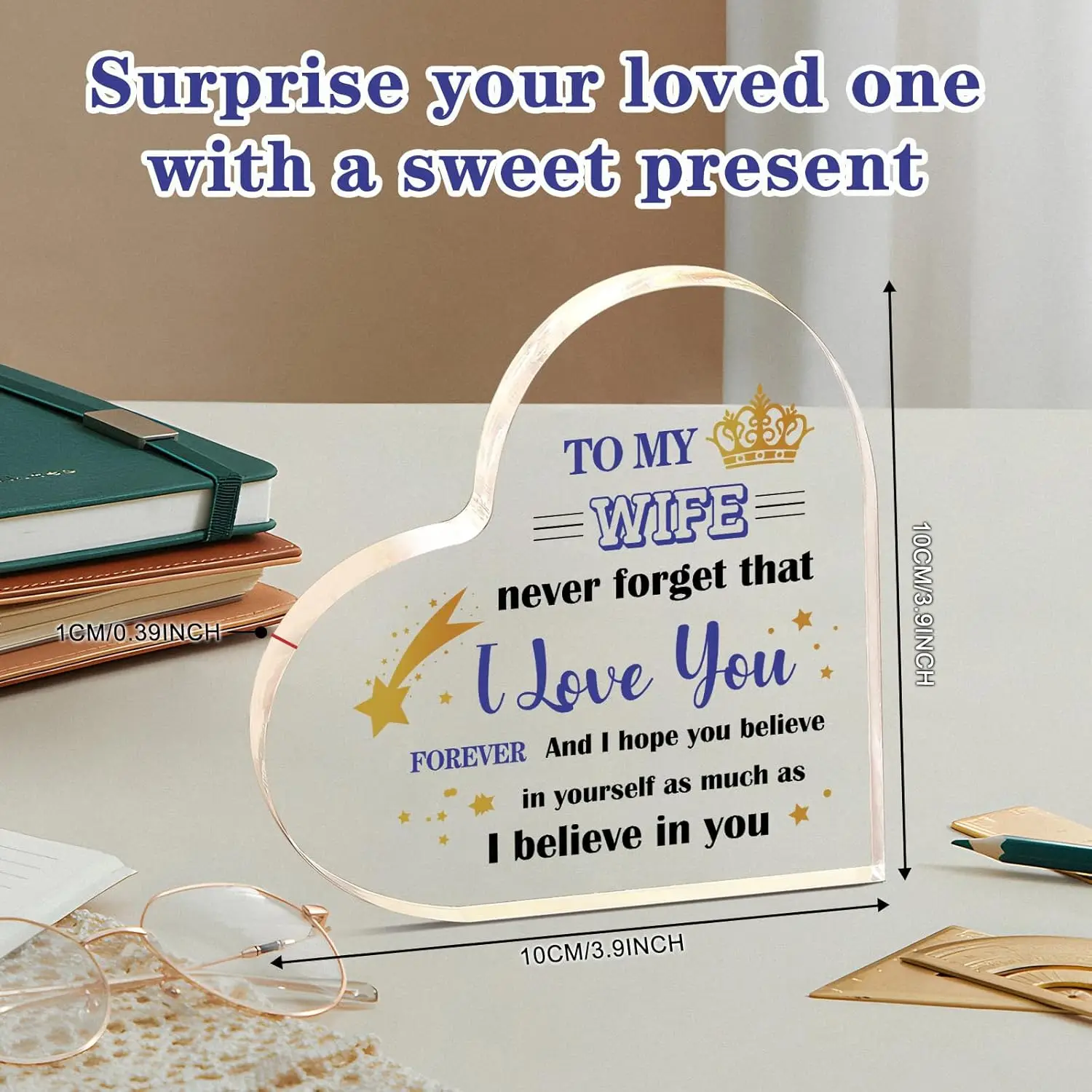 Gifts for Wife, I Love You Gifts for Wife,Romantic Wife Gift Acrylic Heart Plaque With Crown & Shooting Star Design