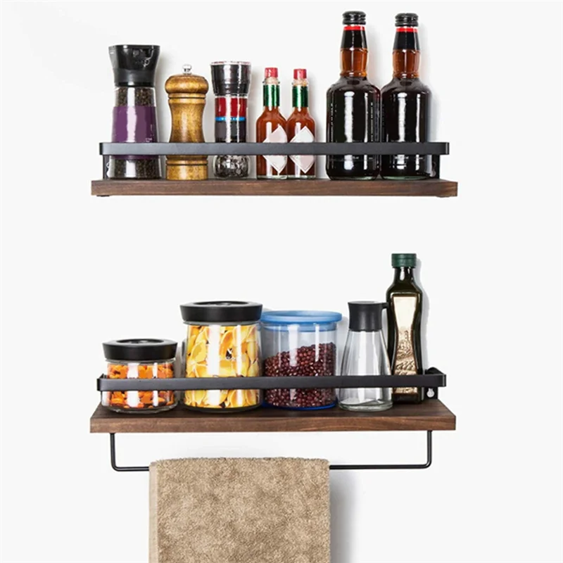 PB-2 Pack Set di mensole da parete in metallo, legno, rustico, galleggiante, portasciugamani da cucina, bagno