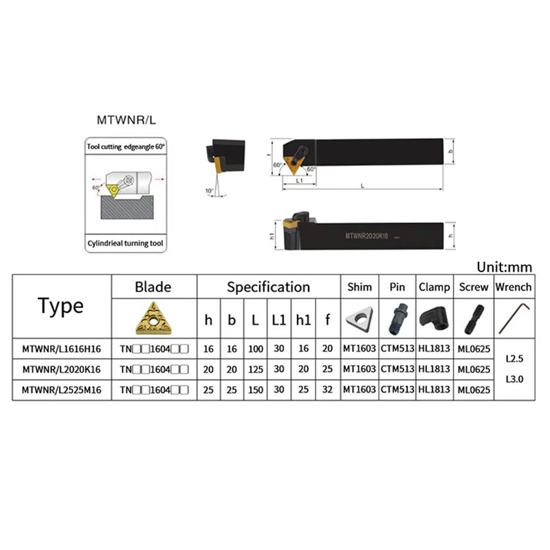 MTWNR1616H16 MTWNR2020K16 MTWNL2525M16 External Turning Tool Holder TNMG Carbide Inserts MTWNR/L Lathe Cutting Tools Set