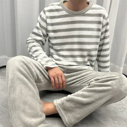 New Autumn Winter Gray Striped Pajamas Set for Men's Warm Soft Nightwear Men's Pajamas Long Sleeves 2 Pieces Set Sleepwear