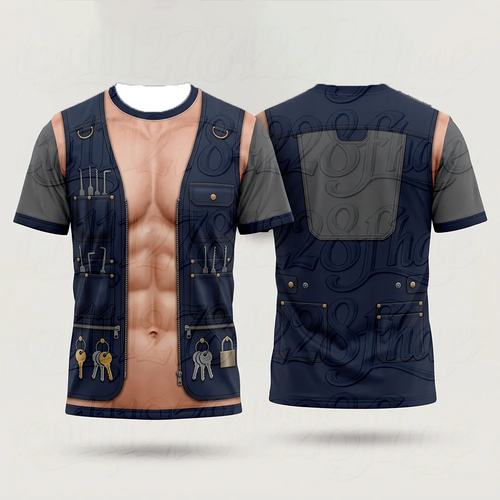 Funny Muscle Mechanic Print Parent-Child O-Neck Short Sleeve T-Shirt Fake Abs Biker Engineer Cosplay Costume Party Graphic Tees